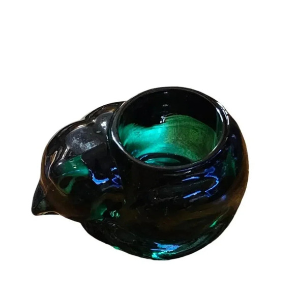 Vintage Indiana Glass Emerald Green Sleeping Cat Votive Tea Light Holder - Picture 4 of 8